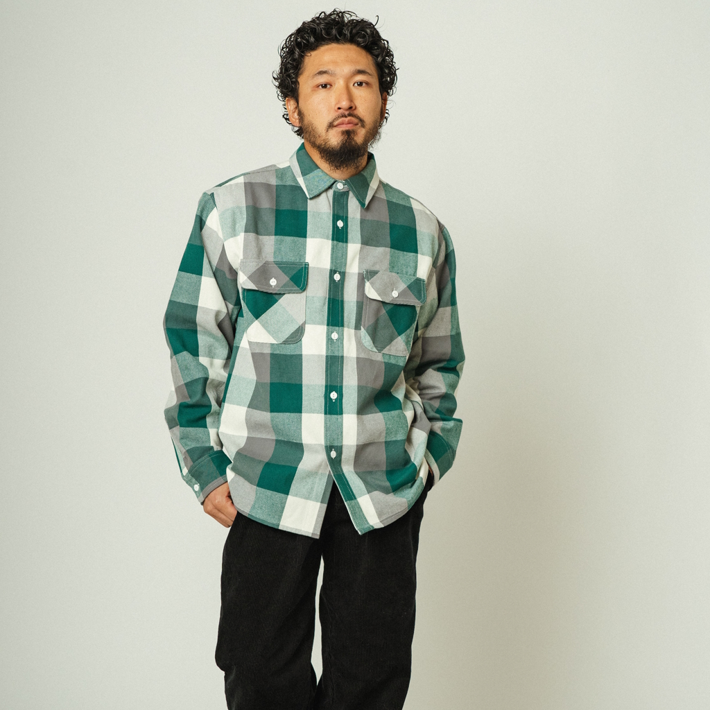 [ビッグマイク]ヘビーフランネルシャツ（GRN×WHT×GRY）