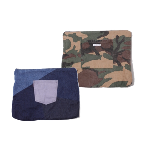 [H.R.リメイク×ザデイ]デニムパッチワークリバーシブルポーチL