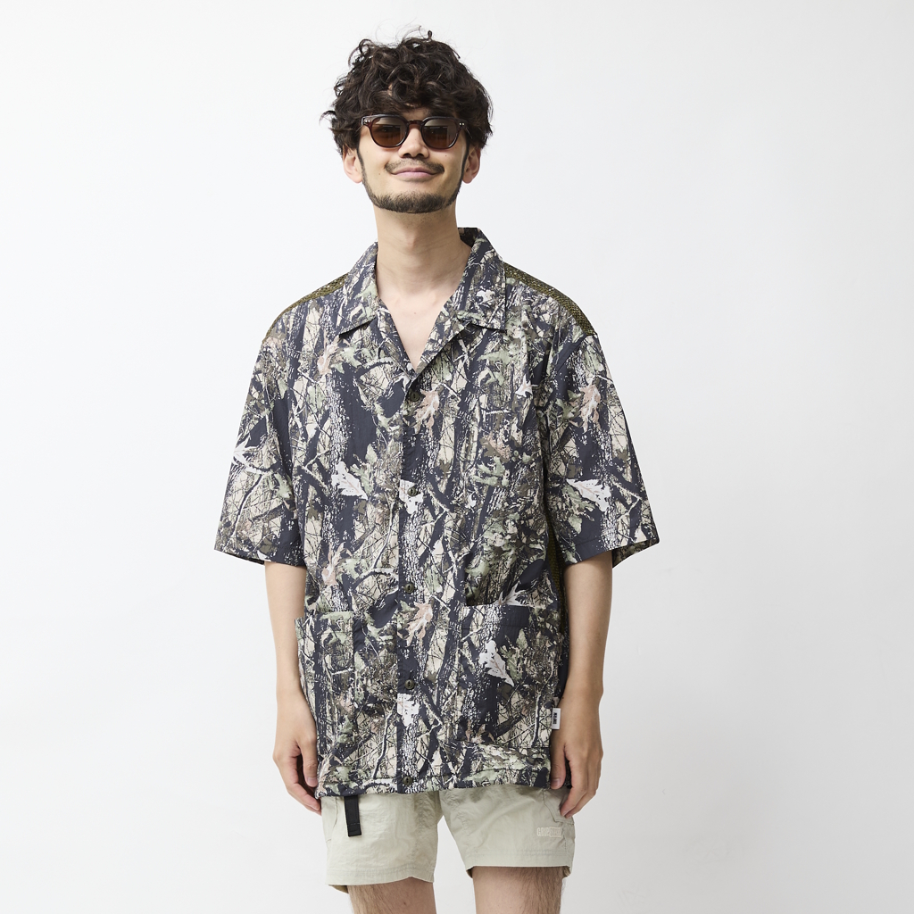 [ユニフォーム アウトドア スタンダード]NY TYPEWRITER PANEL MESH OPEN COLLAR SHIRT